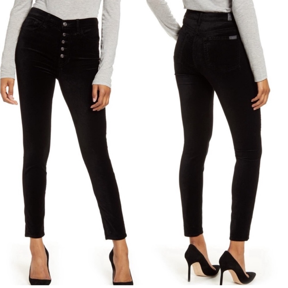 High Waist Velvet Ankle Skinny with Exposed Button Fly in Black
